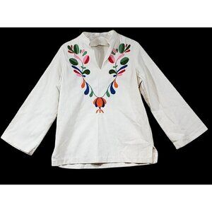 Handmade Womens Medium 70s Tunic Peasant Top Boho Embroidery Crewel Linen